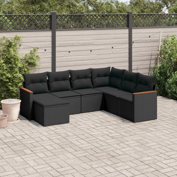 vidaXL sofasæt til haven 7 dele med hynder polyrattan sort
