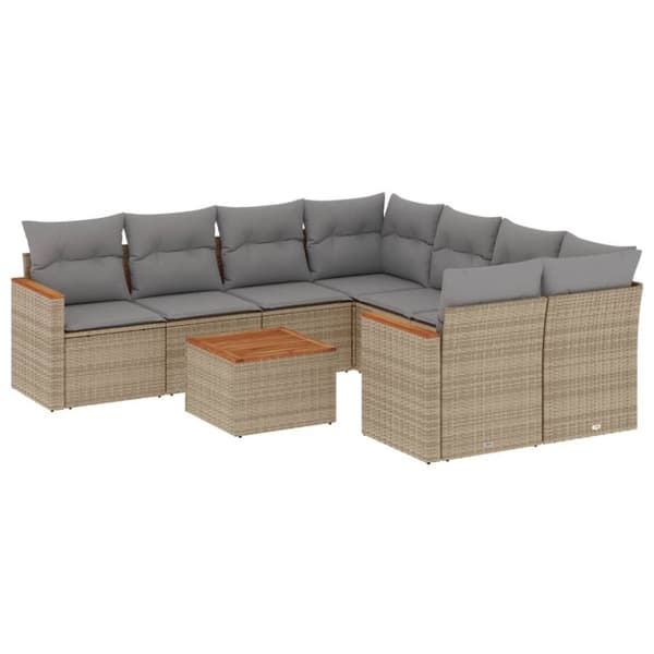 vidaXL spisebordssæt til haven 9 dele med hynder polyrattan beige