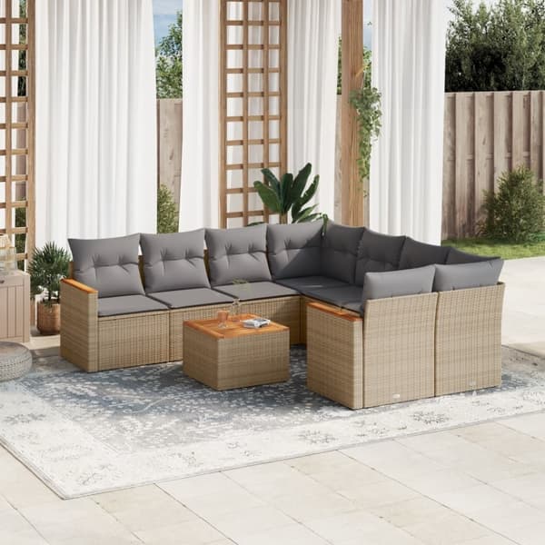 vidaXL spisebordssæt til haven 9 dele med hynder polyrattan beige