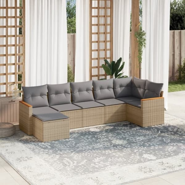 vidaXL havesofasæt 7 dele med hynder polyrattan beige