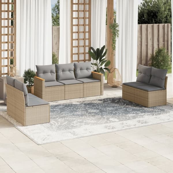 vidaXL havesofasæt 7 dele med hynder polyrattan beige