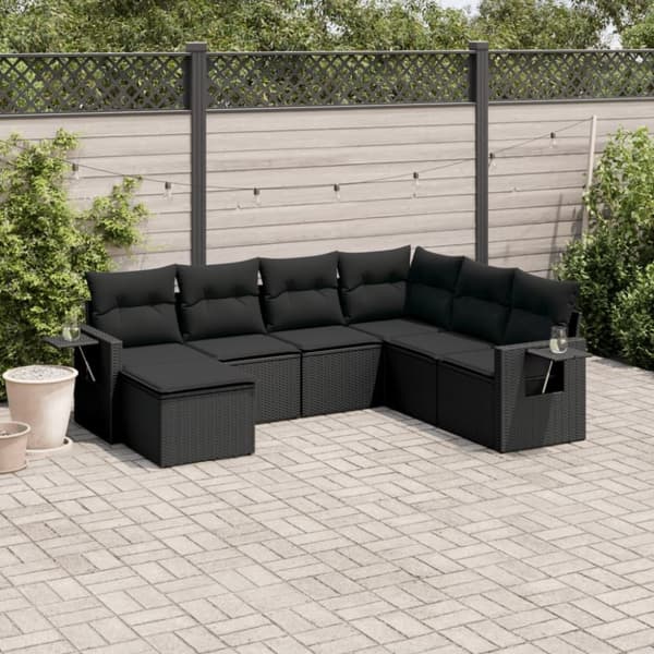 vidaXL sofasæt til haven 7 dele med hynder polyrattan sort