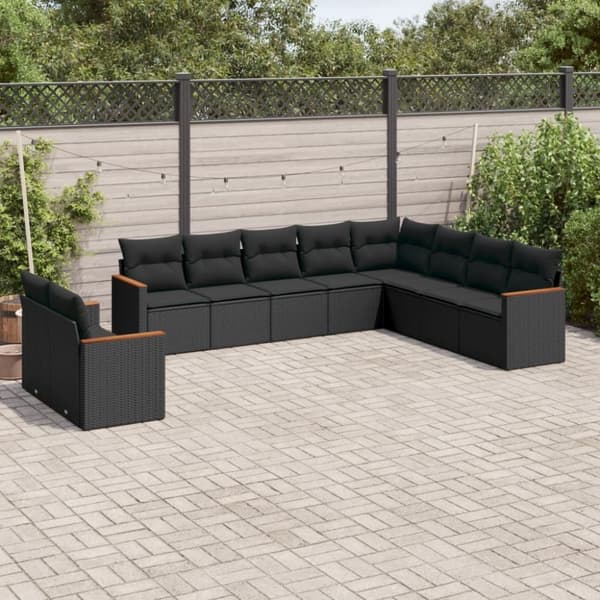 vidaXL sofasæt til haven 10 dele med hynder polyrattan sort