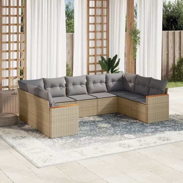 vidaXL spisebordssæt til haven 9 dele med hynder polyrattan beige