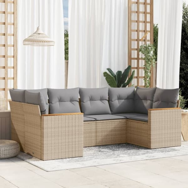 vidaXL havesofasæt 6 dele med hynder polyrattan beige