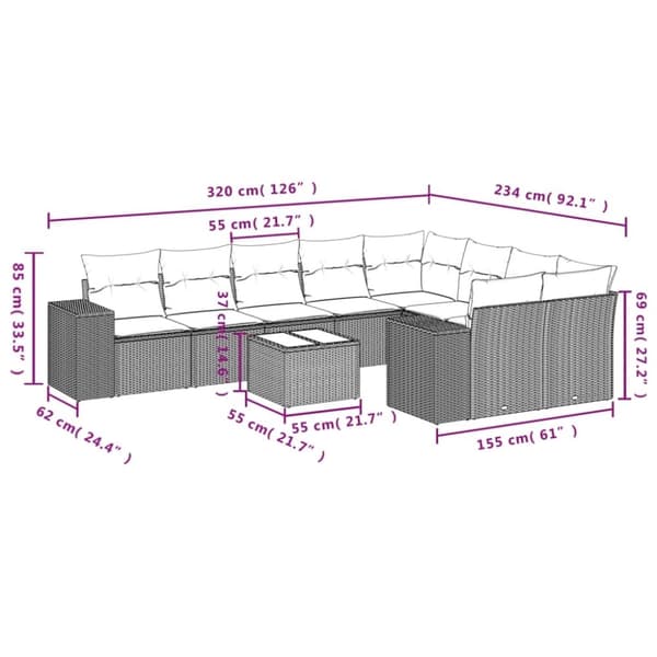 vidaXL sofasæt til haven 10 dele med hynder polyrattan beige