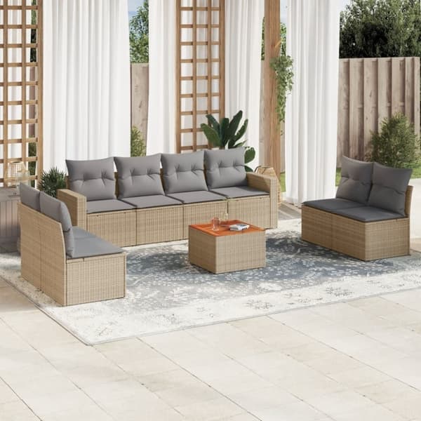 vidaXL spisebordssæt til haven 9 dele med hynder polyrattan beige