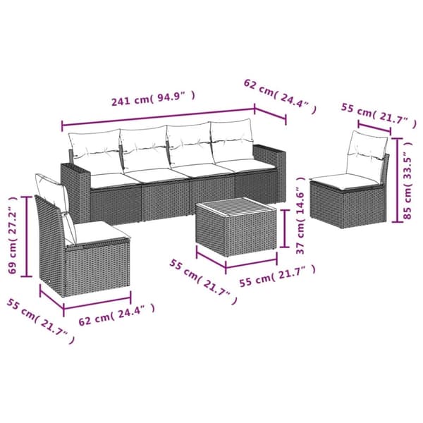 vidaXL havesofasæt 7 dele med hynder polyrattan beige