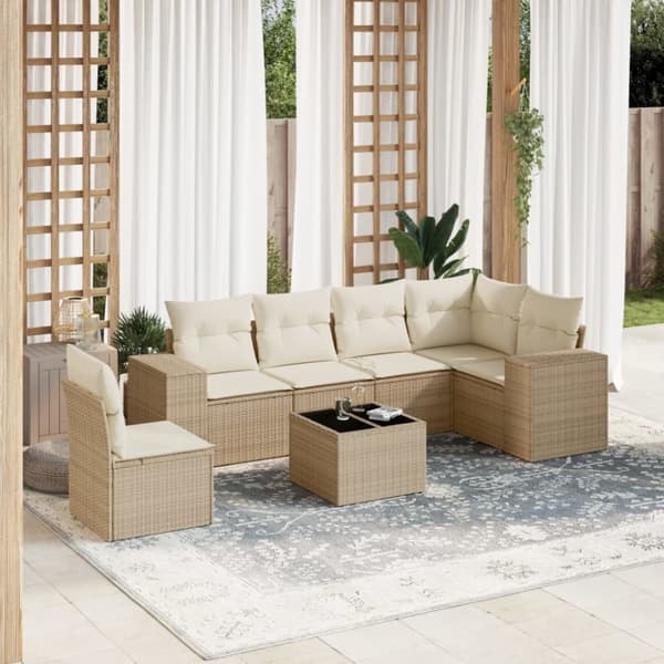 vidaXL sofasæt til haven 7 dele med hynder polyrattan beige
