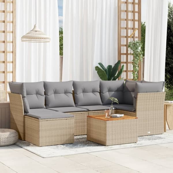 vidaXL havesofasæt 7 dele med hynder polyrattan beige