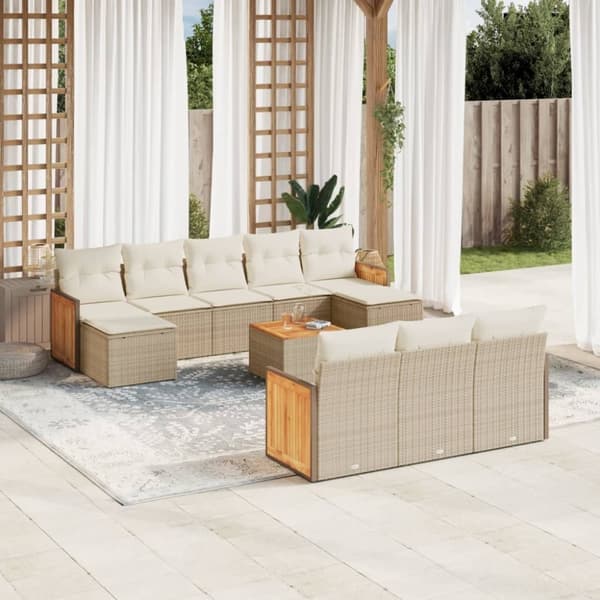 vidaXL Loungegrupp för trädgården m. dynor 11 delar beige konstrotting