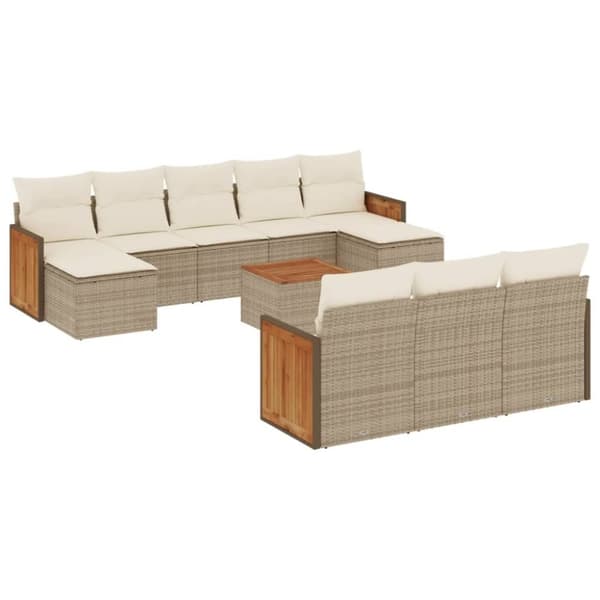 vidaXL Loungegrupp för trädgården m. dynor 11 delar beige konstrotting