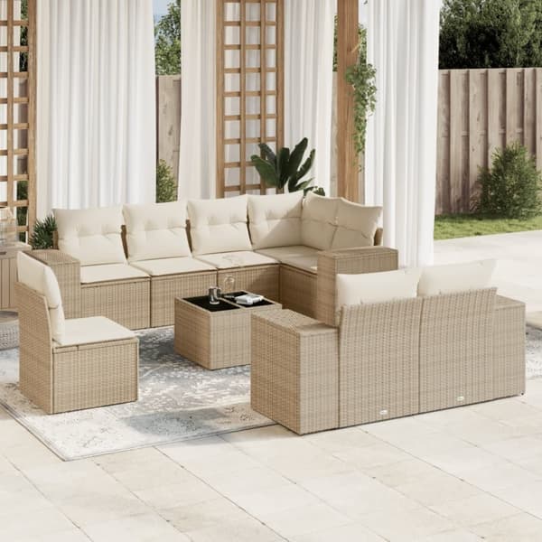 vidaXL Soffgrupp för trädgården med dynor 9 delar beige konstrotting
