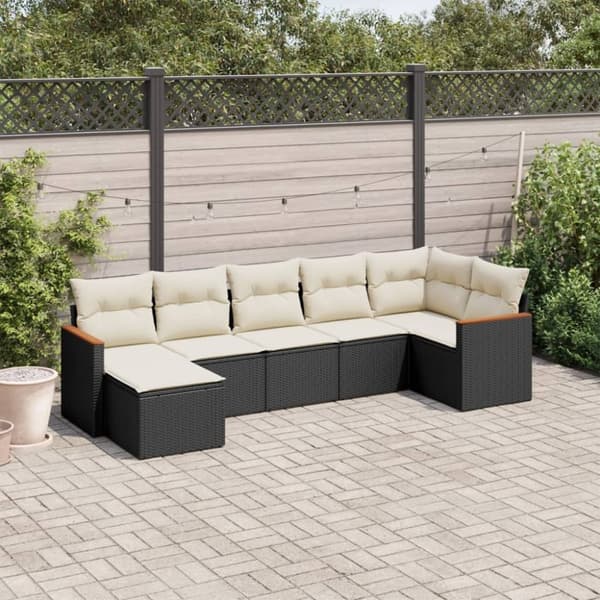 vidaXL sofasæt til haven 7 dele med hynder polyrattan sort