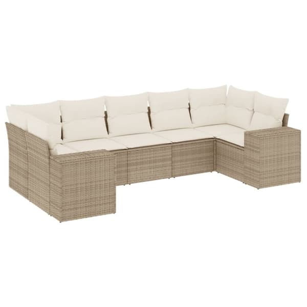 vidaXL Matgrupp för trädgården med dynor 7 delar beige konstrotting