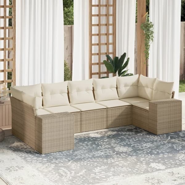 vidaXL Matgrupp för trädgården med dynor 7 delar beige konstrotting