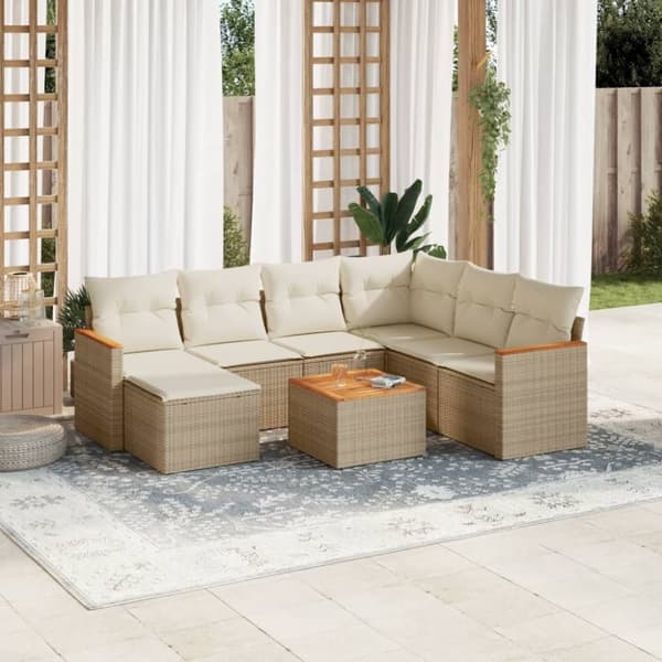 vidaXL Matgrupp för trädgården med dynor 8 delar beige konstrotting