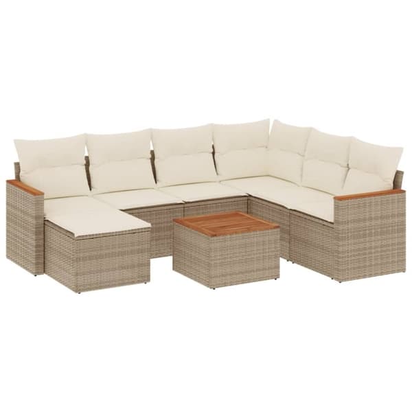 vidaXL Matgrupp för trädgården med dynor 8 delar beige konstrotting