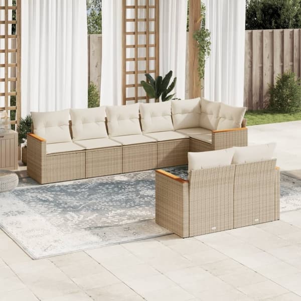 vidaXL Matgrupp för trädgården med dynor 8 delar beige konstrotting