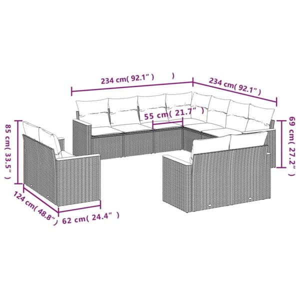 vidaXL havesofasæt 11 dele med hynder polyrattan beige