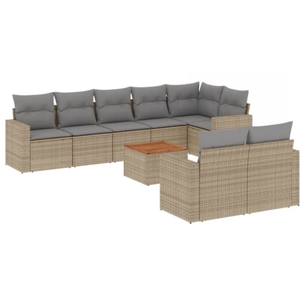 vidaXL spisebordssæt til haven 9 dele med hynder polyrattan beige