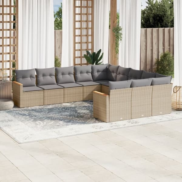 vidaXL havesofasæt 11 dele med hynder polyrattan beige