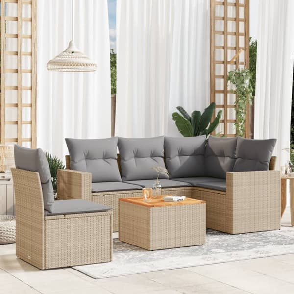 vidaXL havesofasæt 6 dele med hynder polyrattan beige