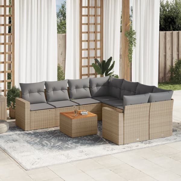 vidaXL spisebordssæt til haven 9 dele med hynder polyrattan beige