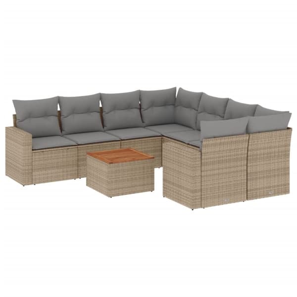 vidaXL spisebordssæt til haven 9 dele med hynder polyrattan beige