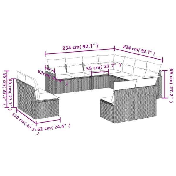 vidaXL sofasæt til haven 11 dele med hynder polyrattan sort