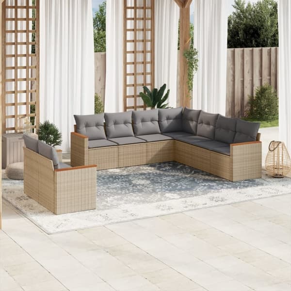 vidaXL spisebordssæt til haven 9 dele med hynder polyrattan beige
