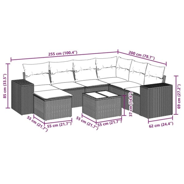 vidaXL sofasæt til haven 8 dele med hynder polyrattan sort