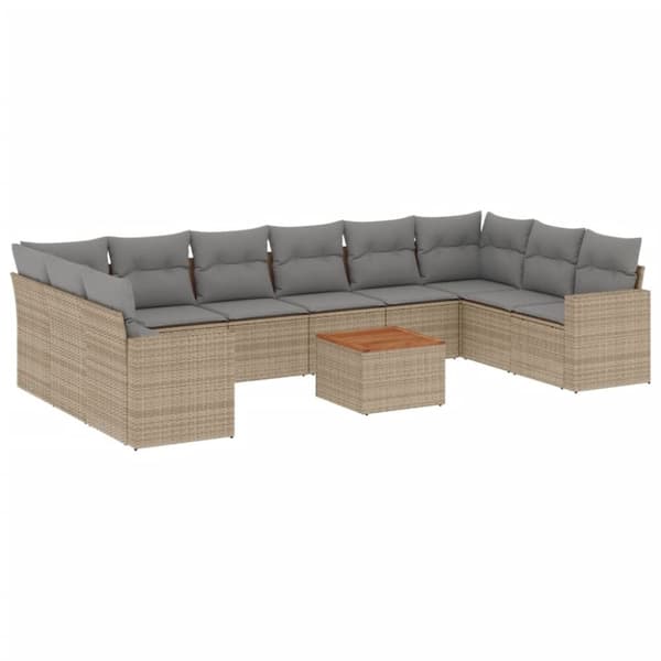 vidaXL havesofasæt 11 dele med hynder polyrattan beige