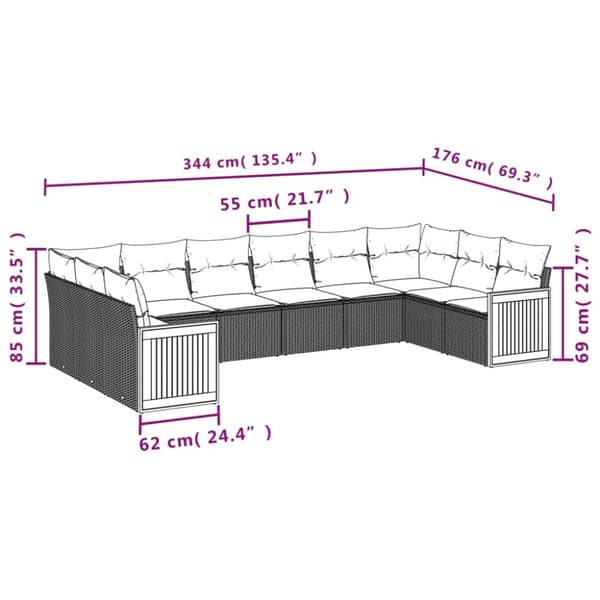 vidaXL sofasæt til haven 10 dele med hynder polyrattan sort