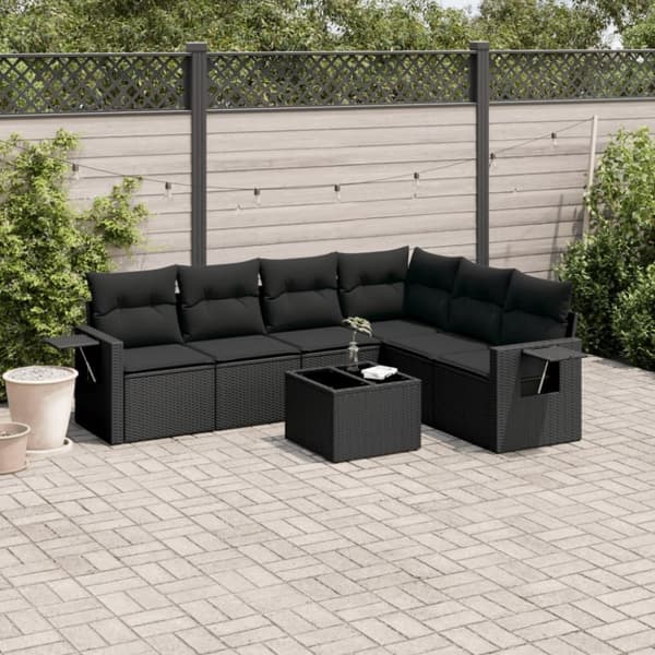 vidaXL sofasæt til haven 7 dele med hynder polyrattan sort