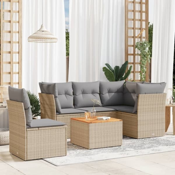 vidaXL havesofasæt 6 dele med hynder polyrattan beige
