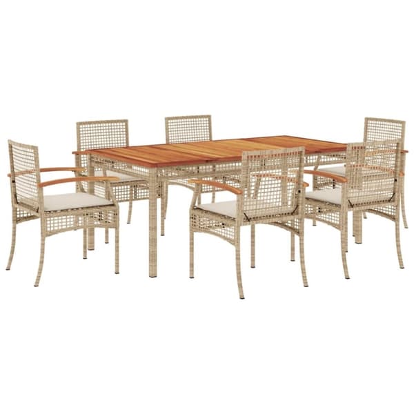 vidaXL spisebordssæt til haven 7 dele med hynder polyrattan beige
