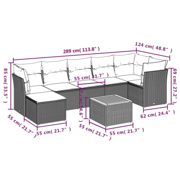 vidaXL havesofasæt 8 dele med hynder polyrattan beige
