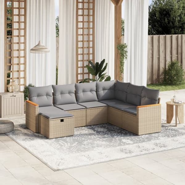 vidaXL havesofasæt 7 dele med hynder polyrattan beige