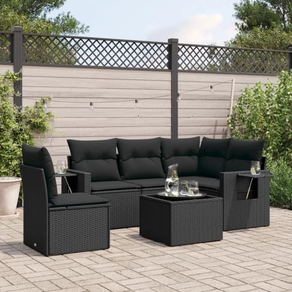 vidaXL sofasæt til haven 6 dele med hynder polyrattan sort