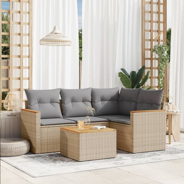 vidaXL havesofasæt 5 dele med hynder polyrattan beige