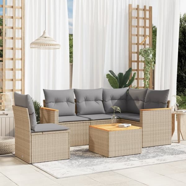 vidaXL havesofasæt 6 dele med hynder polyrattan beige