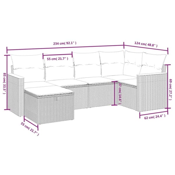 vidaXL havesofasæt 6 dele med hynder polyrattan beige