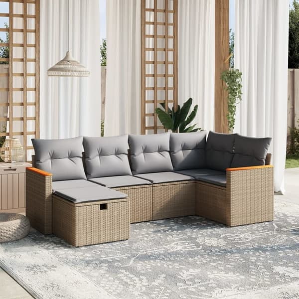 vidaXL havesofasæt 6 dele med hynder polyrattan beige