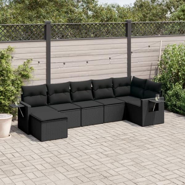 vidaXL sofasæt til haven 7 dele med hynder polyrattan sort