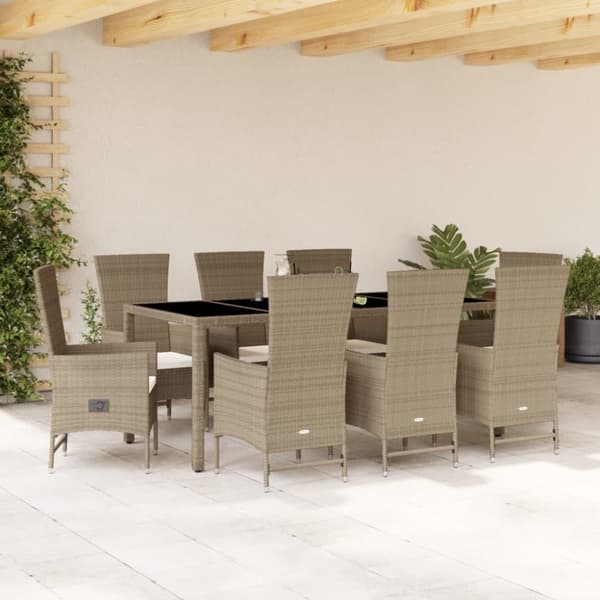 vidaXL spisebordssæt til haven 9 dele med hynder polyrattan beige