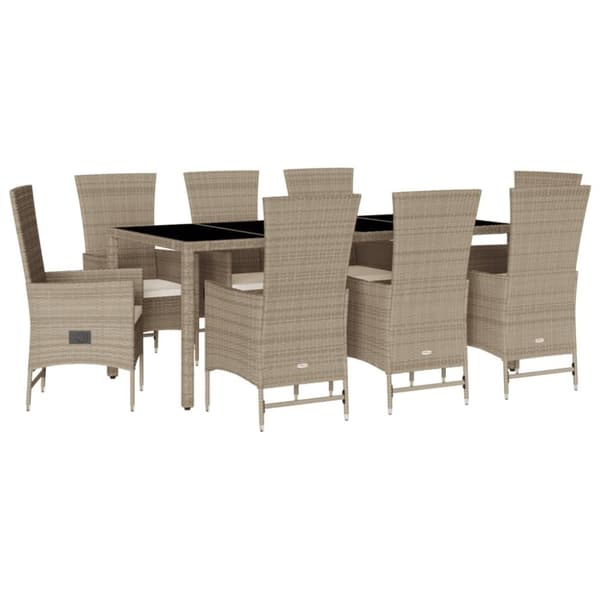 vidaXL spisebordssæt til haven 9 dele med hynder polyrattan beige