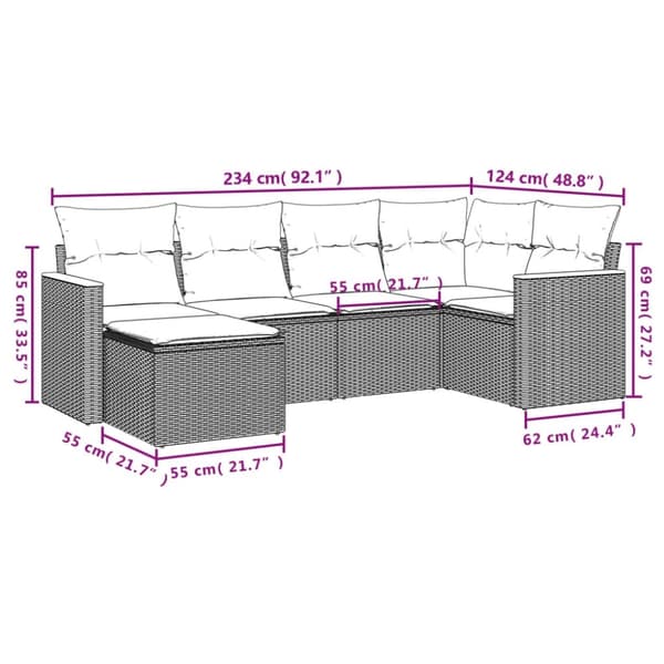 vidaXL havesofasæt 6 dele med hynder polyrattan beige