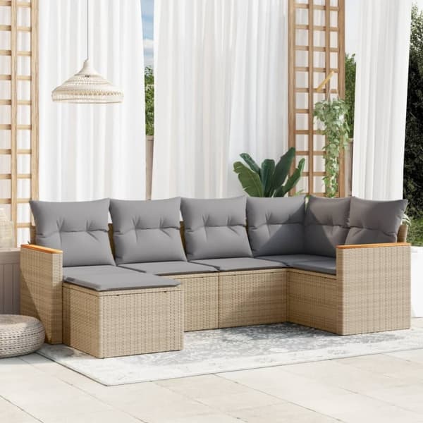 vidaXL havesofasæt 6 dele med hynder polyrattan beige