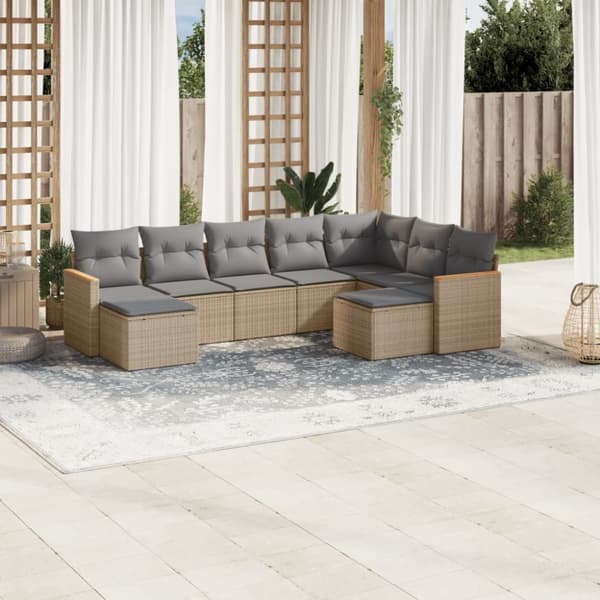 vidaXL spisebordssæt til haven 9 dele med hynder polyrattan beige